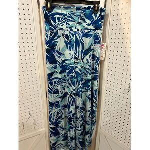 Pretty Young Thing Maxi Pants Blue Tropical Leaf Print Elastic Waist L